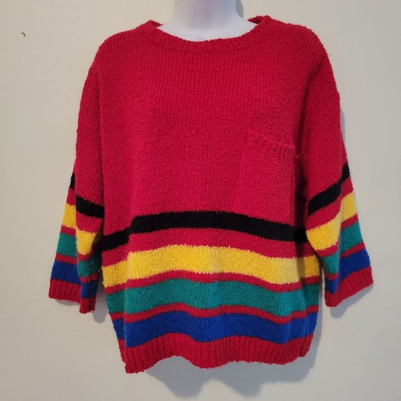 Beldoch Popper M Striped Red Pullover Sweater‎ Primary Colors Pocket - Picture 1 of 5